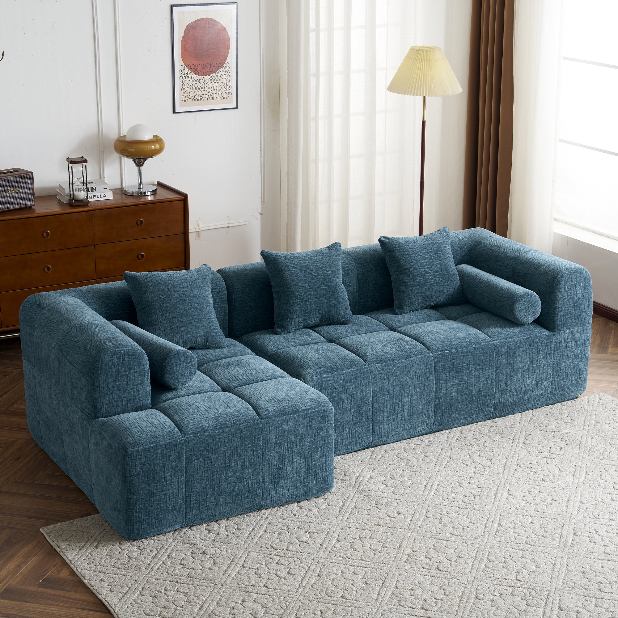 Modern Modular Sofa with Deep Seating, Two Side Pockets, and Plush Pillows in Blue Chenille Fabric, 101.2'