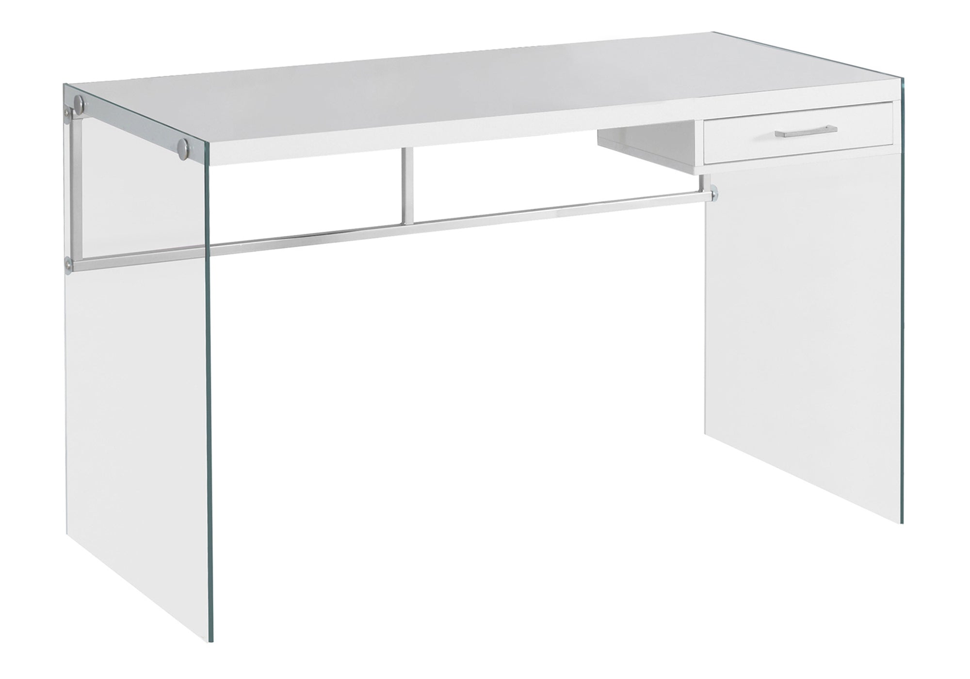 Computer Desk, Home Office, Laptop, Storage Drawers, 48'l, Work, Glossy White Laminate, Clear Tempered Glass, Contemporary, Modern
