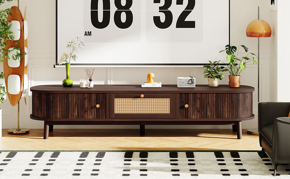 Modern Design TV Stand for 75' TVs, Media Console TV Cabinet with Rattan-Front Drawer for Living Room, 1 Drawer and 2 Sliding-Door Cabinets