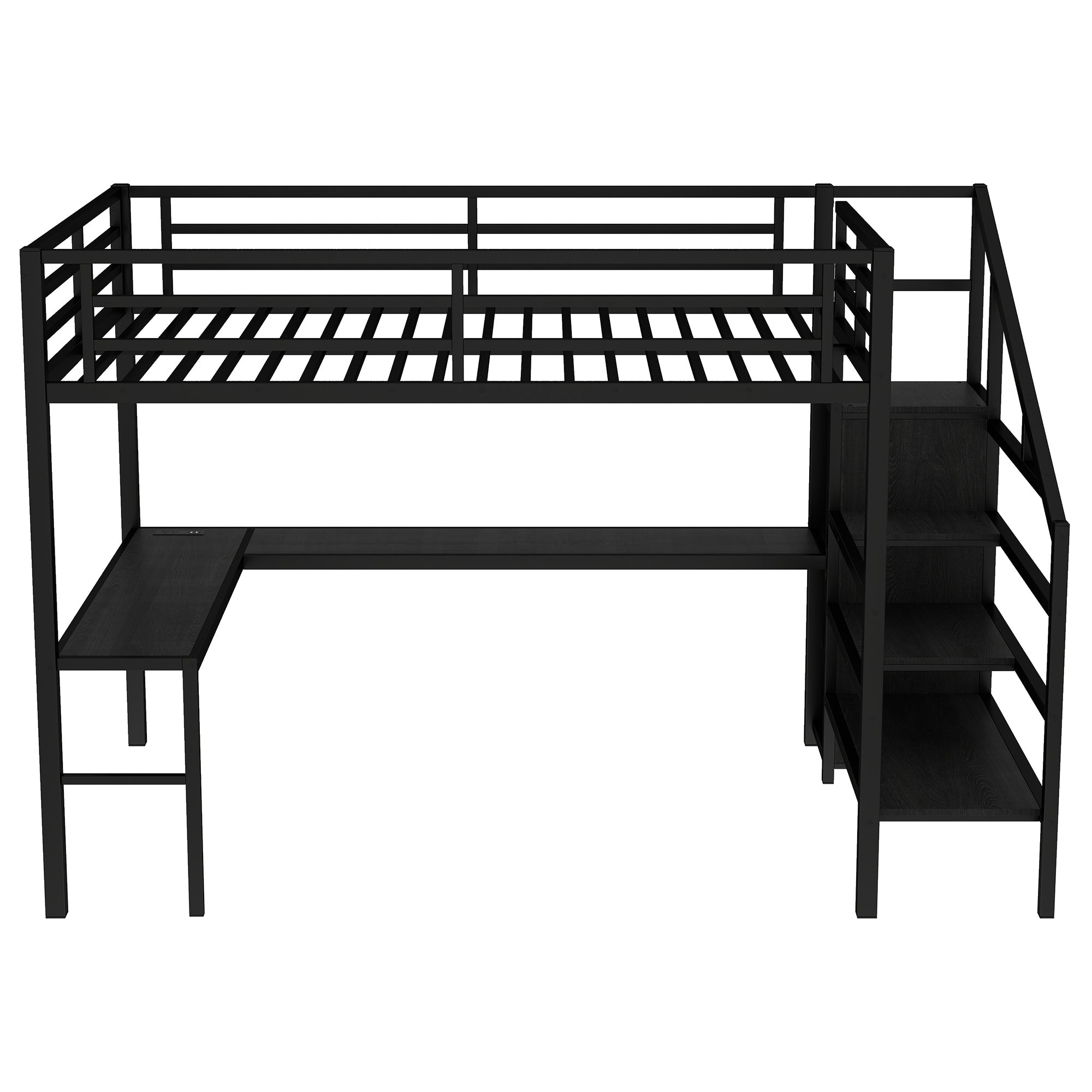 Queen Size Loft Bed with L-shaped Desk and USB, Metal Loft Bed with Wardrobe and Adjustable Shelf, High Loft Bed with LED for Kids Teens Adults, Black