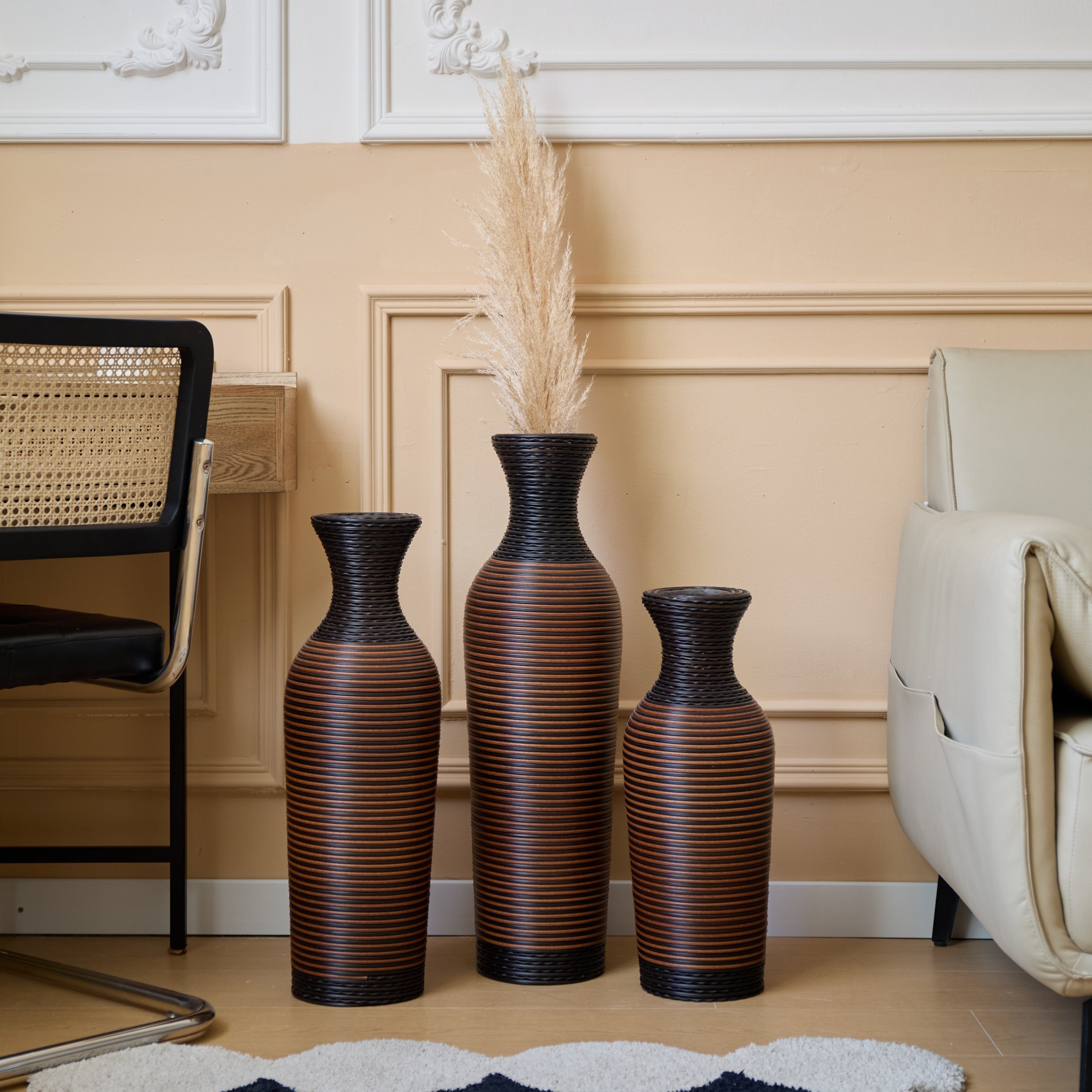 Desktop Vase, Brown Decorative Floor Vase, Classic and Neat Floor Vase, High Independent Flower Stand, Artificial Vine Vase, PVC Floor Vase, Home Decoration Flower Stand Set of 3 pieces