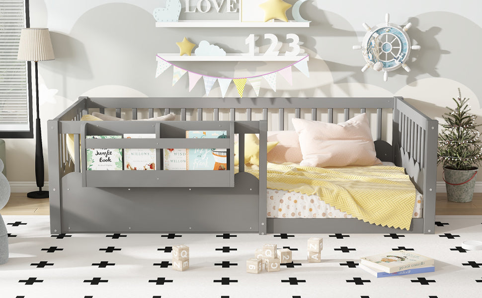Twin Floor bed with Heightened Fence and bookshelf ,Wood Floor Bed for Kids, Gray.