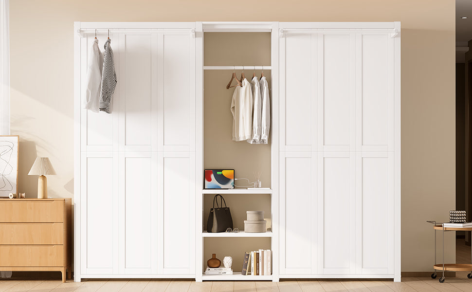 Twin and Twin Murphy Bed, Metal Foldable Murphy Bed with Wardrobe, Shelves and Power Outlets, 2 in 1 Design, Space-saving, White