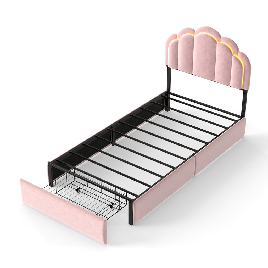 Velvet Petal Platform Bed with RGB LED Lights & Storage Drawers, Pink Wood+Metal Design, 72' L x 43' W x 39' H