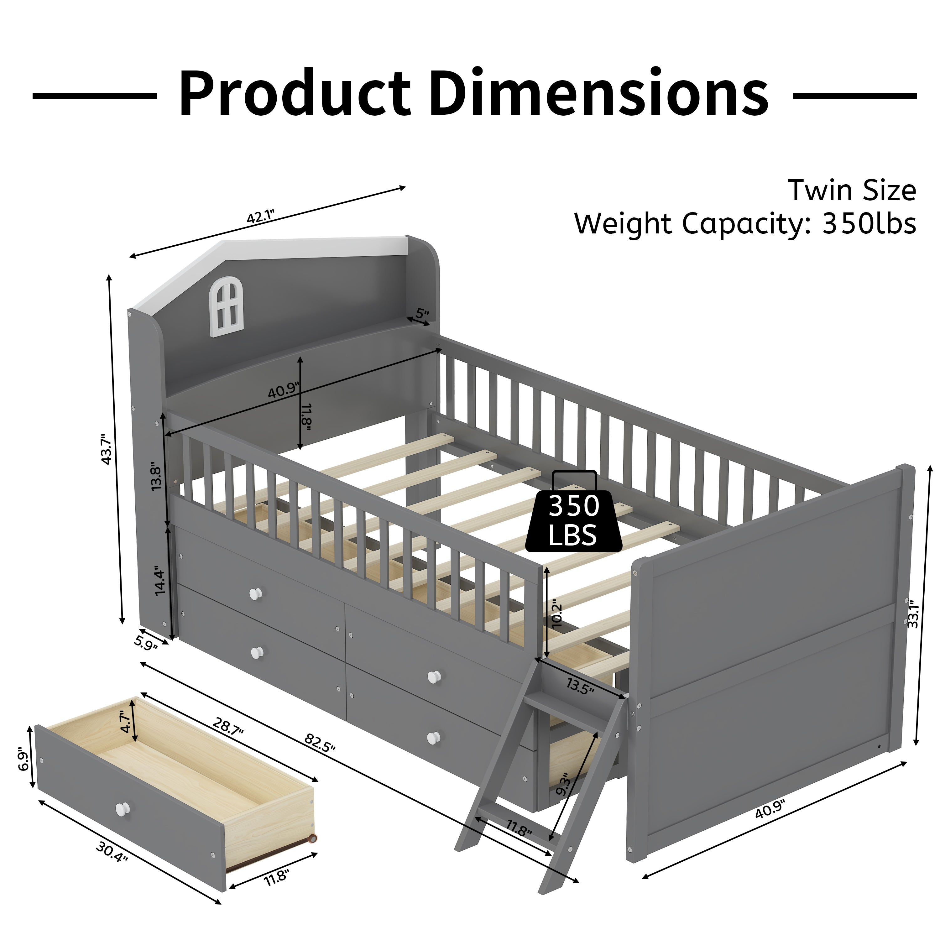 Twin Bed Frame with Storage 4 Drawers,Wooden Bed Frame for Kids,Platform Twin Size Bed with Guardrail Headboard and Ladder, No Box Spring Needed, Easy Assembly, Gray