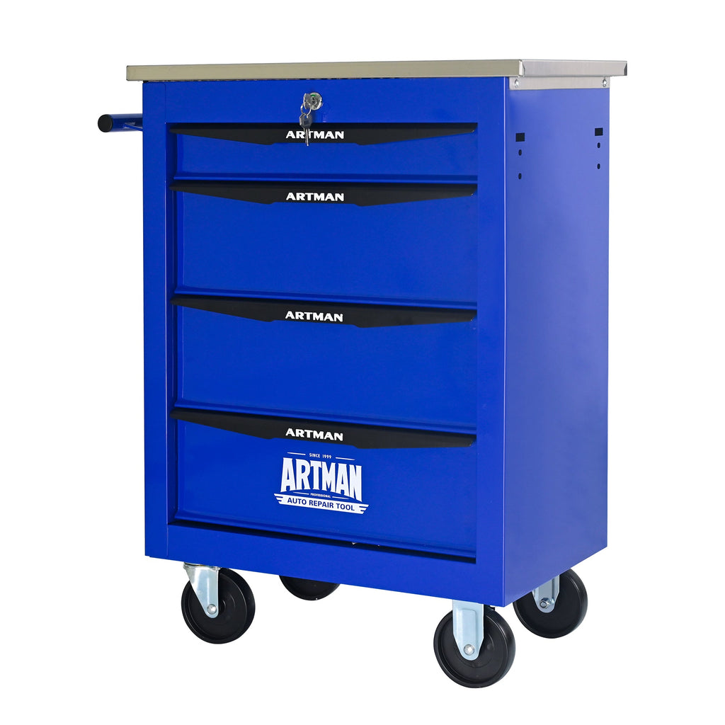 4 Drawers Multifunctional Tool Cart with Wheels,Metal Rolling Tool Cart Storage for Garage Workshop Warehouse Repair Shop--With  Stainless Steel Roof- BLACK&BLUE