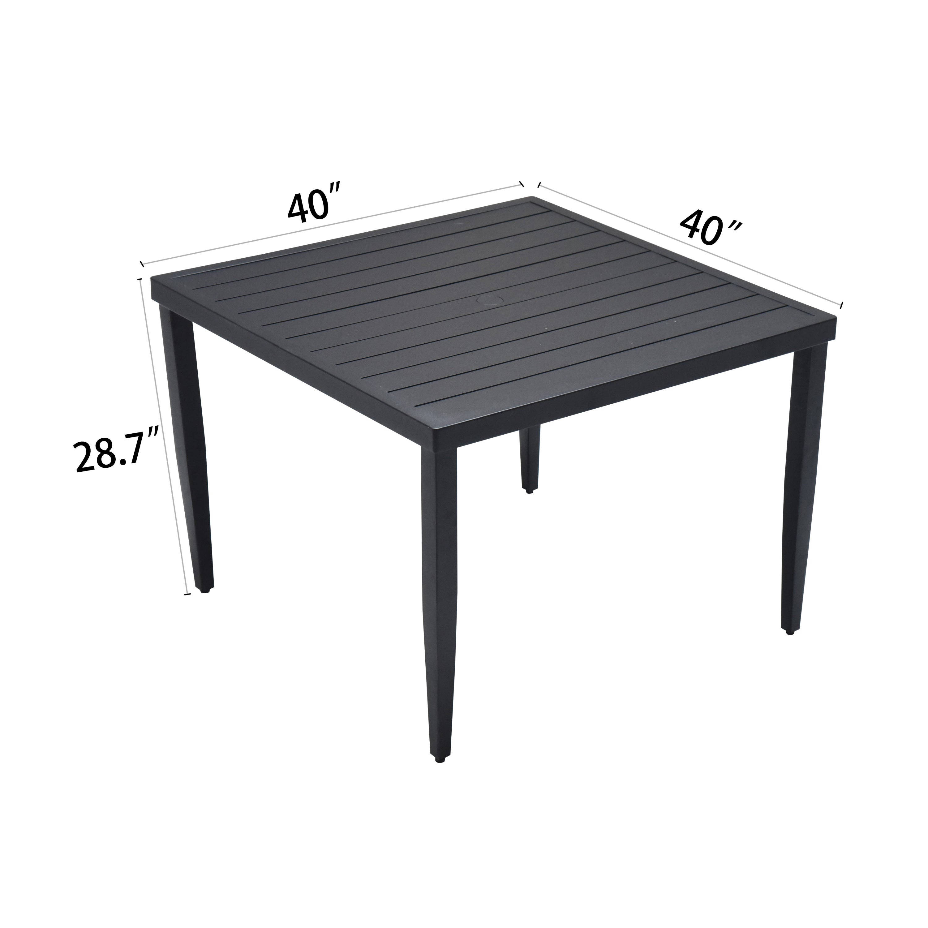 Outdoor Patio Aluminum 40'x40' Square Dining Table with Tapered Feet & 2'Umbrella Hole, Ember Black