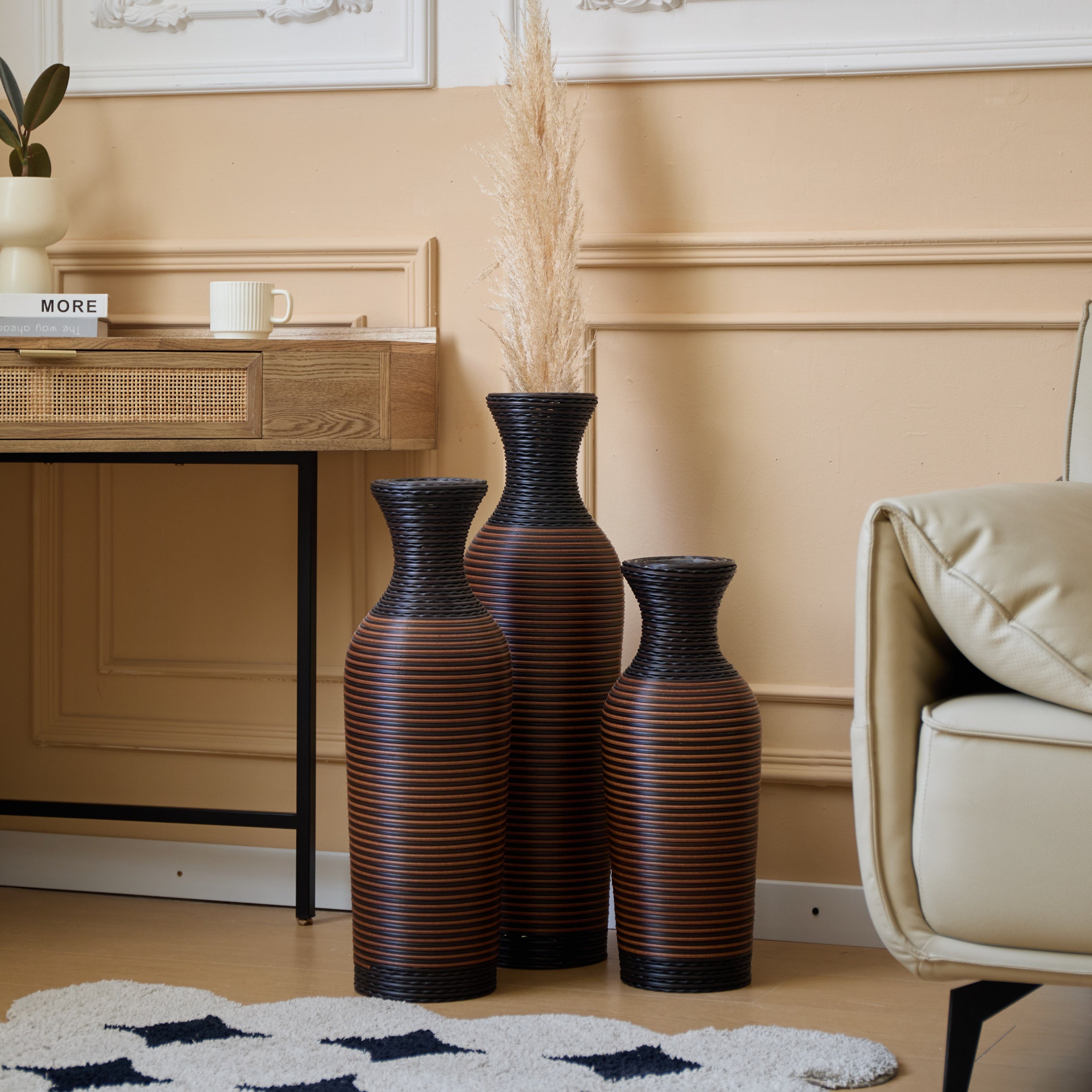 Desktop Vase, Brown Decorative Floor Vase, Classic and Neat Floor Vase, High Independent Flower Stand, Artificial Vine Vase, PVC Floor Vase, Home Decoration Flower Stand Set of 3 pieces