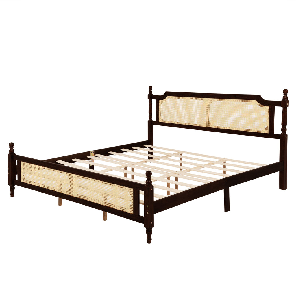 King Pine wooden Bed with Rattan Headboard  and Footboard, with  Central Enhanced Bed Platform ,Espresso