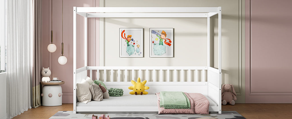 Full Size Canopy Bed Frame with Guardrails for Kids,Floor Bed Full with Four Poster Design,Kids Montessori Floor Bed,Wood Canopy Bed Frame for Girls,Boys(Full,White)