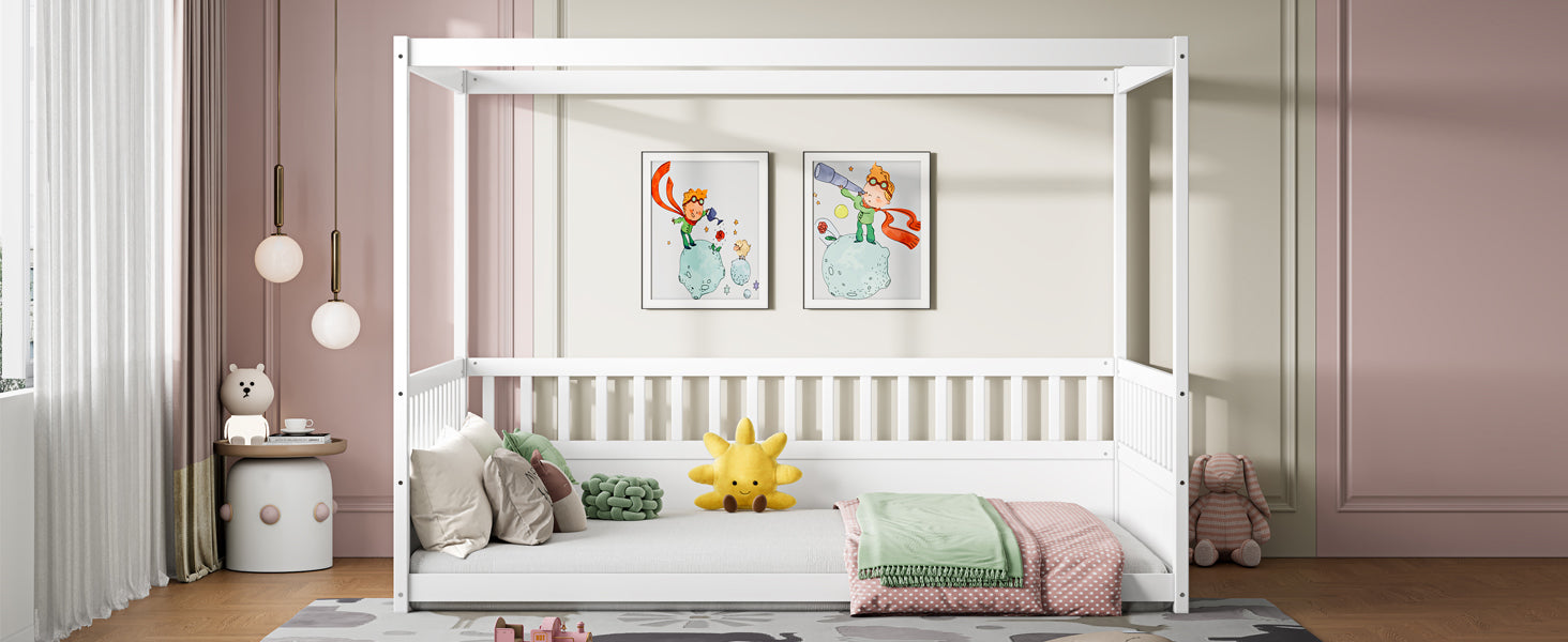 Full Size Canopy Bed Frame with Guardrails for Kids,Floor Bed Full with Four Poster Design,Kids Montessori Floor Bed,Wood Canopy Bed Frame for Girls,Boys(Full,White)