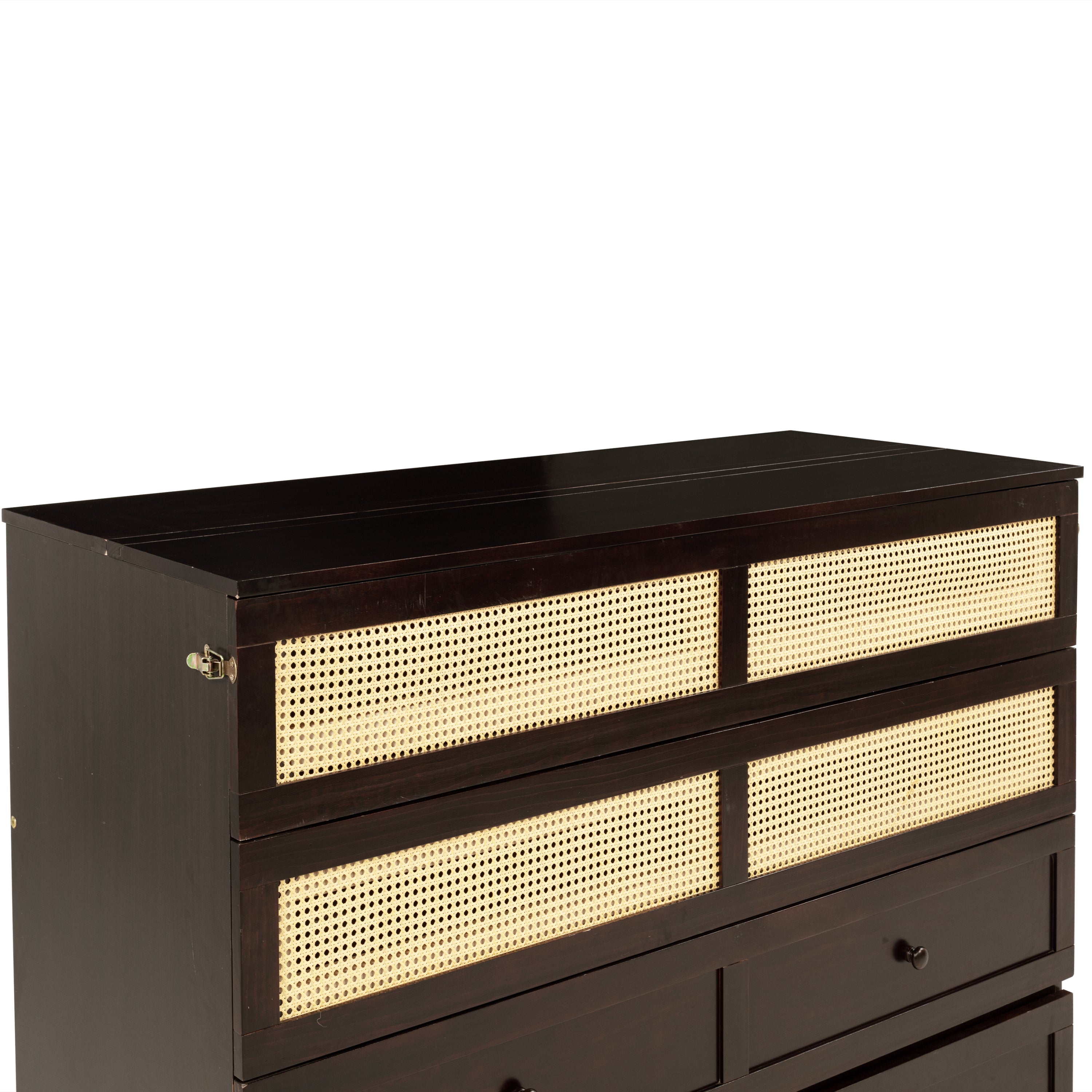 Queen Size Murphy Bed, Pine Wood Cabinet Bed with Rattan Decoration and Storage Drawer,Espresso