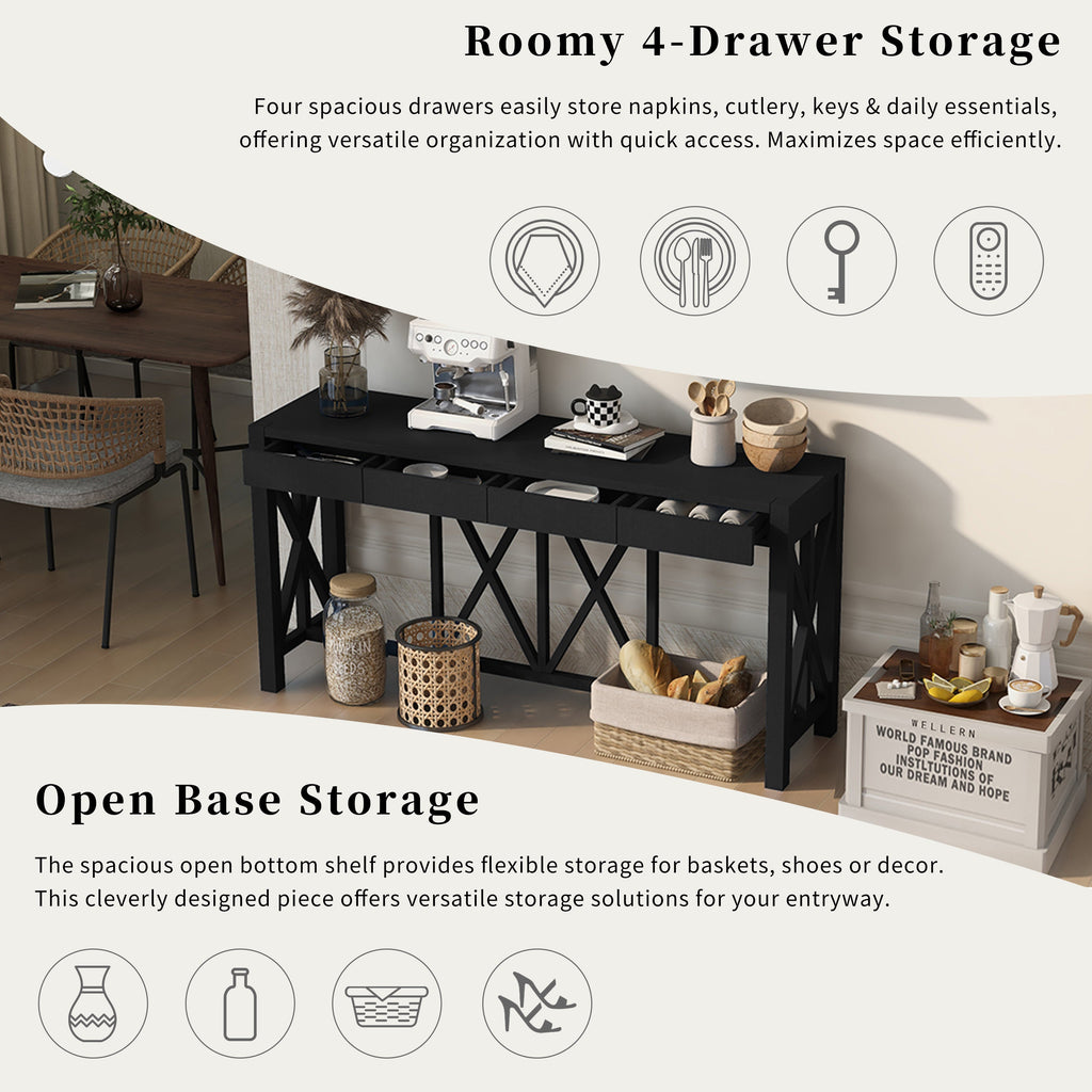 U_Style 60''Acacia Veneer Console Table with 4 Spacious Drawers, Modern Crisscross Design Entryway Table with Open Bottom Storage,Farmhouse Sofa Table for Living Room,Kitchen,Dining Room,Hallway