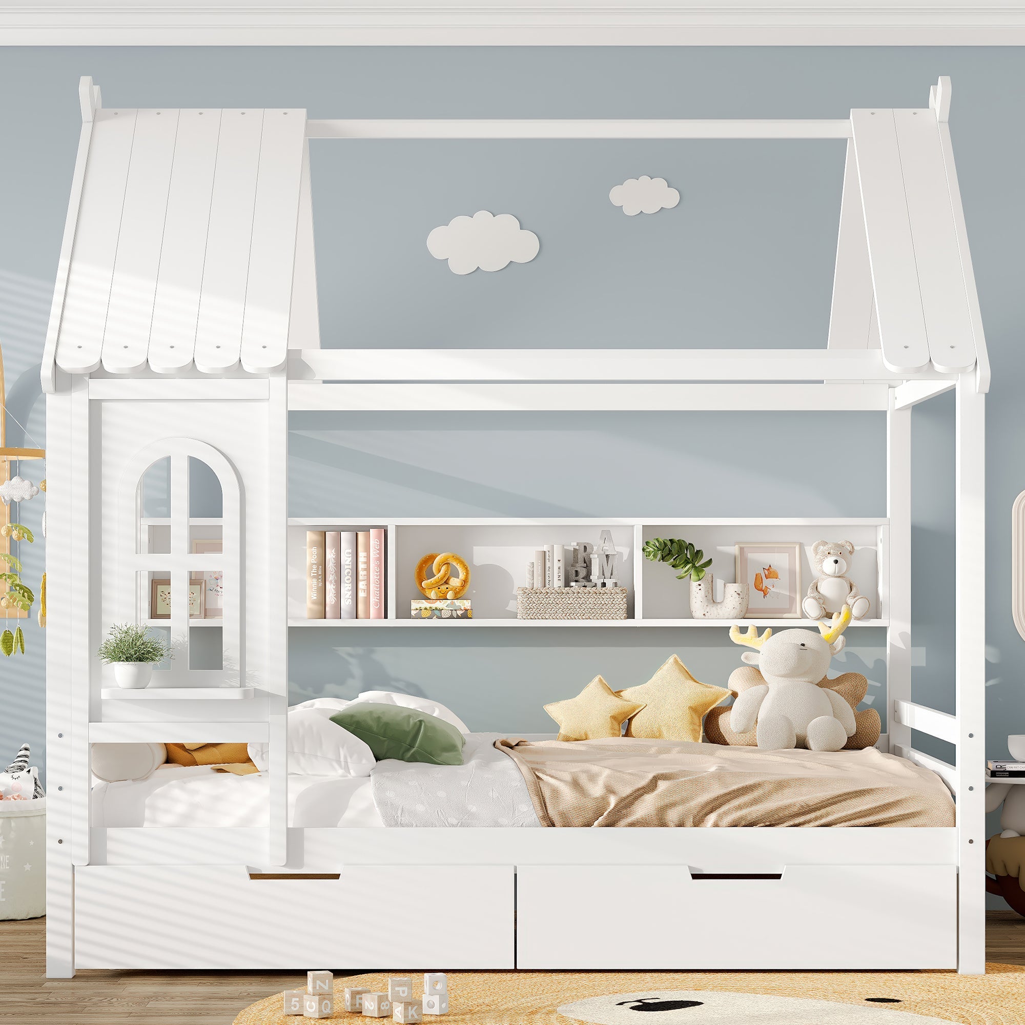 Full house Beds with Storage Drawers and Window, Solid Wood House Platform Bed Frame with shelves, for Kids, Girls, Boys, No Spring Box Needed and Childlike Design, White