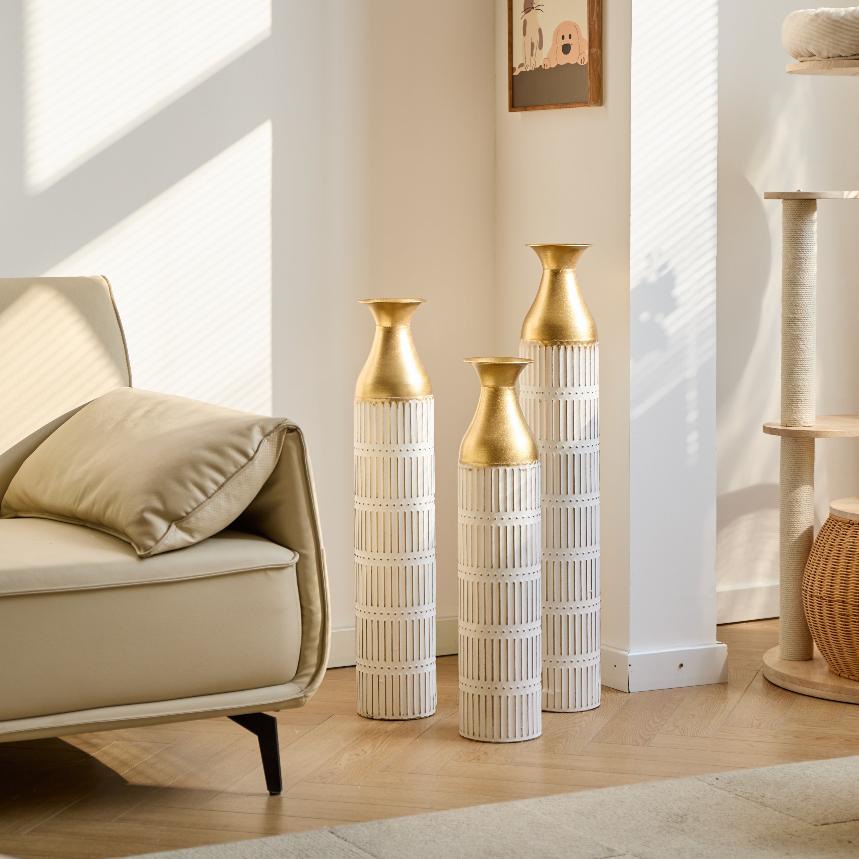 Floor Metal Vases Decorated White Metal Vases Set of 3 Gorgeous Home Decoration Large Glazed Metal Vases 24in/28.7in/33.5in Height