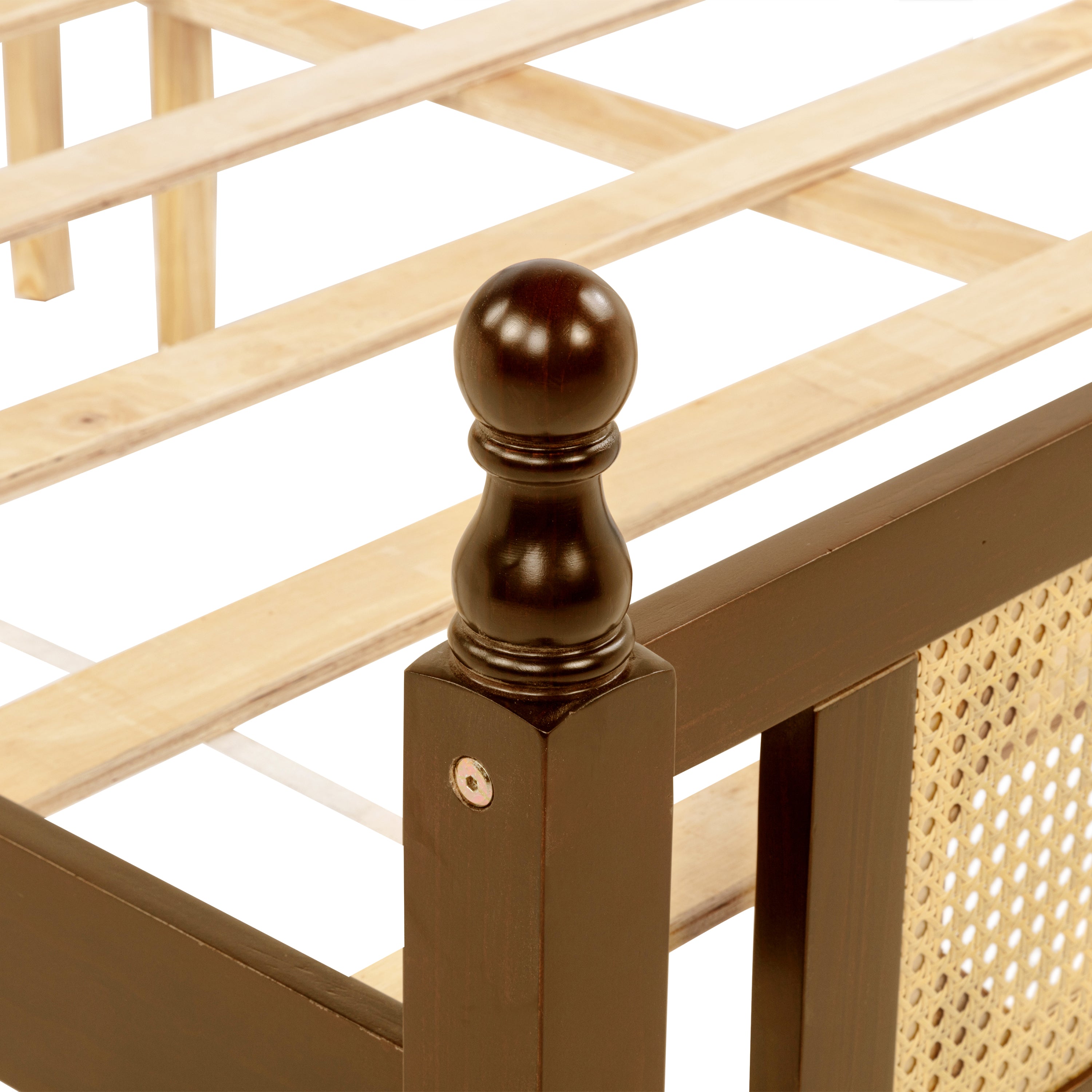 Queen Pine wooden Bed with Rattan Headboard  and Footboard, with  Central Enhanced Bed Platform,Walnut