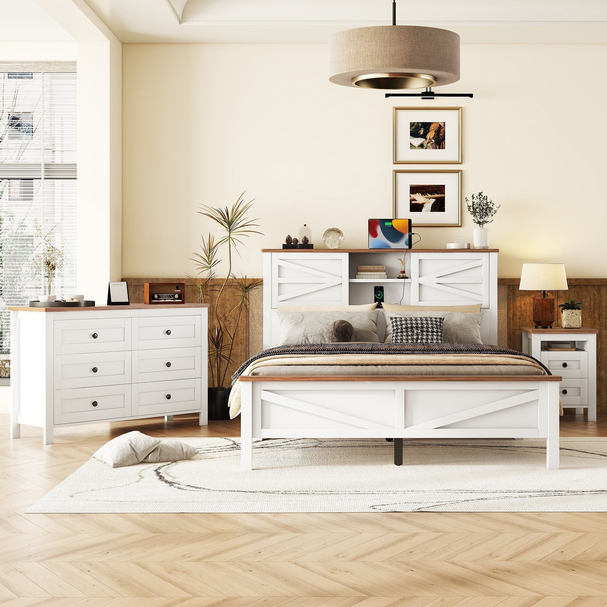 3-Pieces Bedroom Sets Queen Size  Farmhouse Platform Bed with Double Sliding Door Storage Headboard, Storage Nightstand and Dresser, White+Brown(Old SKU HL000092AAK)