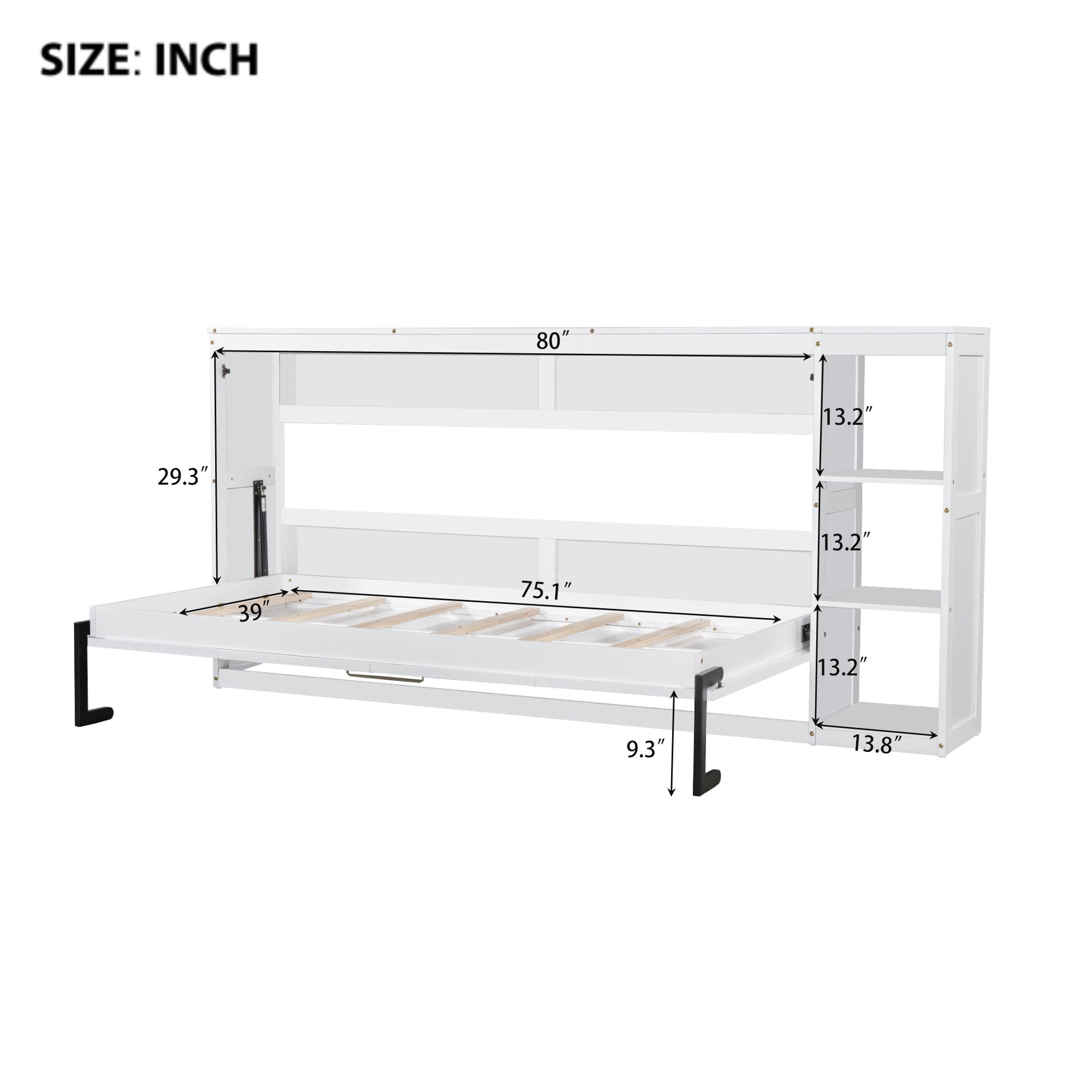 Twin Size Murphy Bed with Bookshelf, White