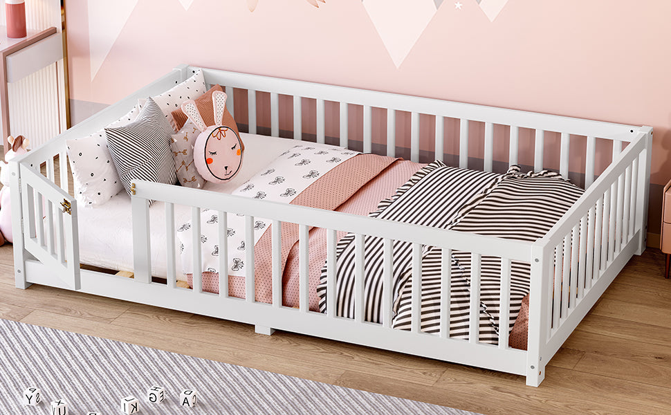 Full Size Bed Floor Bed with Safety Guardrails and Door for Kids, White(Old SKU: W1580P154625)
