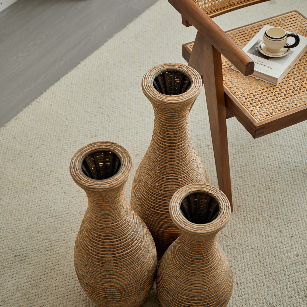 3-Piece Artificial Rattan Floor Vase Set – Decorative Accent for Living Room, Hallway & Entryway, Ideal for Dried or Silk Flower Arrangements, Beige