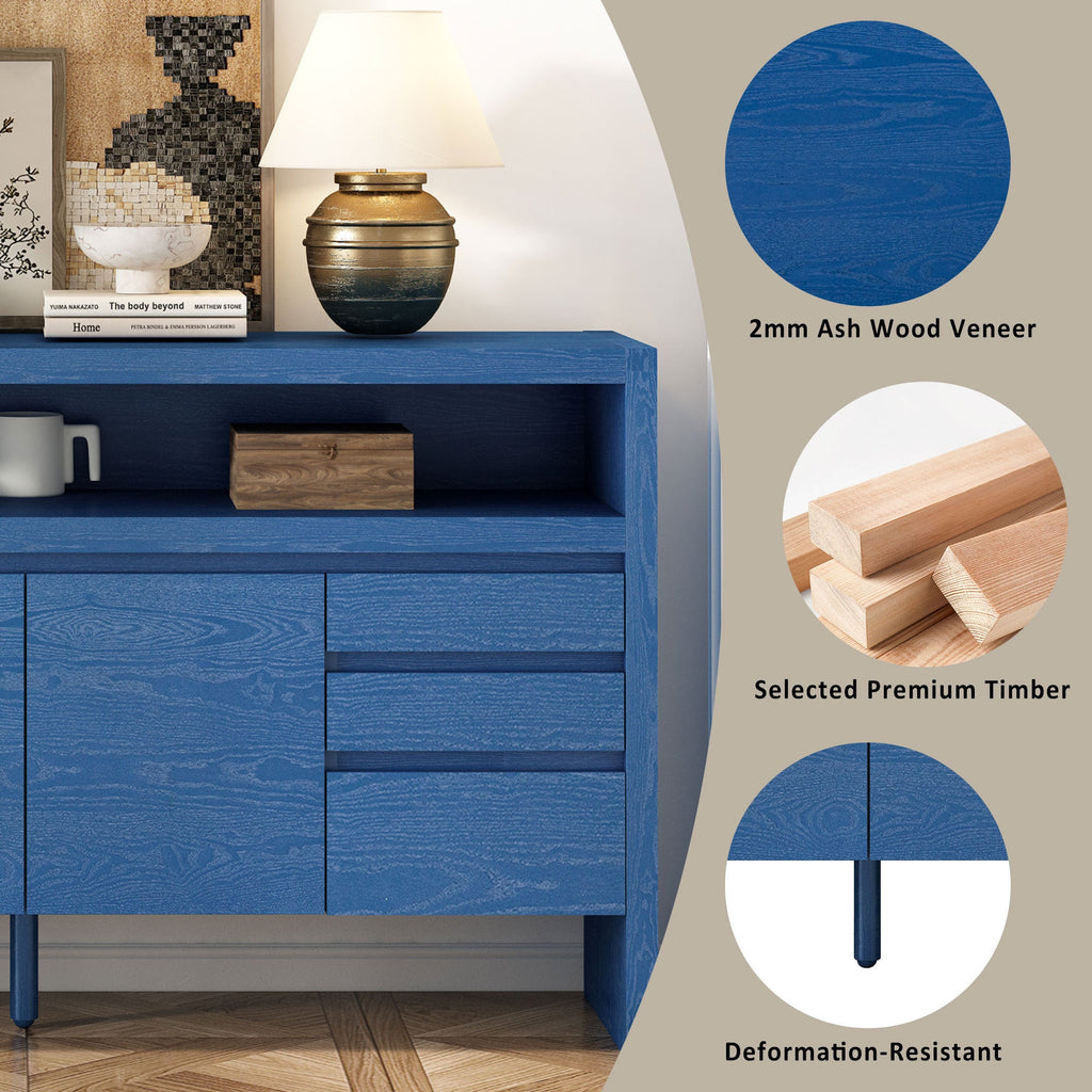 U_Style 60' 3-Door Sideboard with 3 Drawers - Modern Solid Ash Veneer MDF Sideboard, Semi-Open Shelf & Center Semi-Circular Cutout in Back Panel, Large Storage Cabinet for Living Room, Hallway, Dining