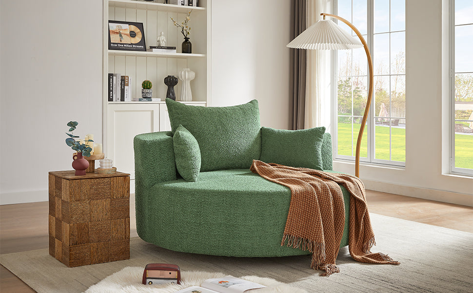 Modern 360° Swivel Accent Barrel Chair with Removable Pillows in Green Chenille for Living Room and Office
