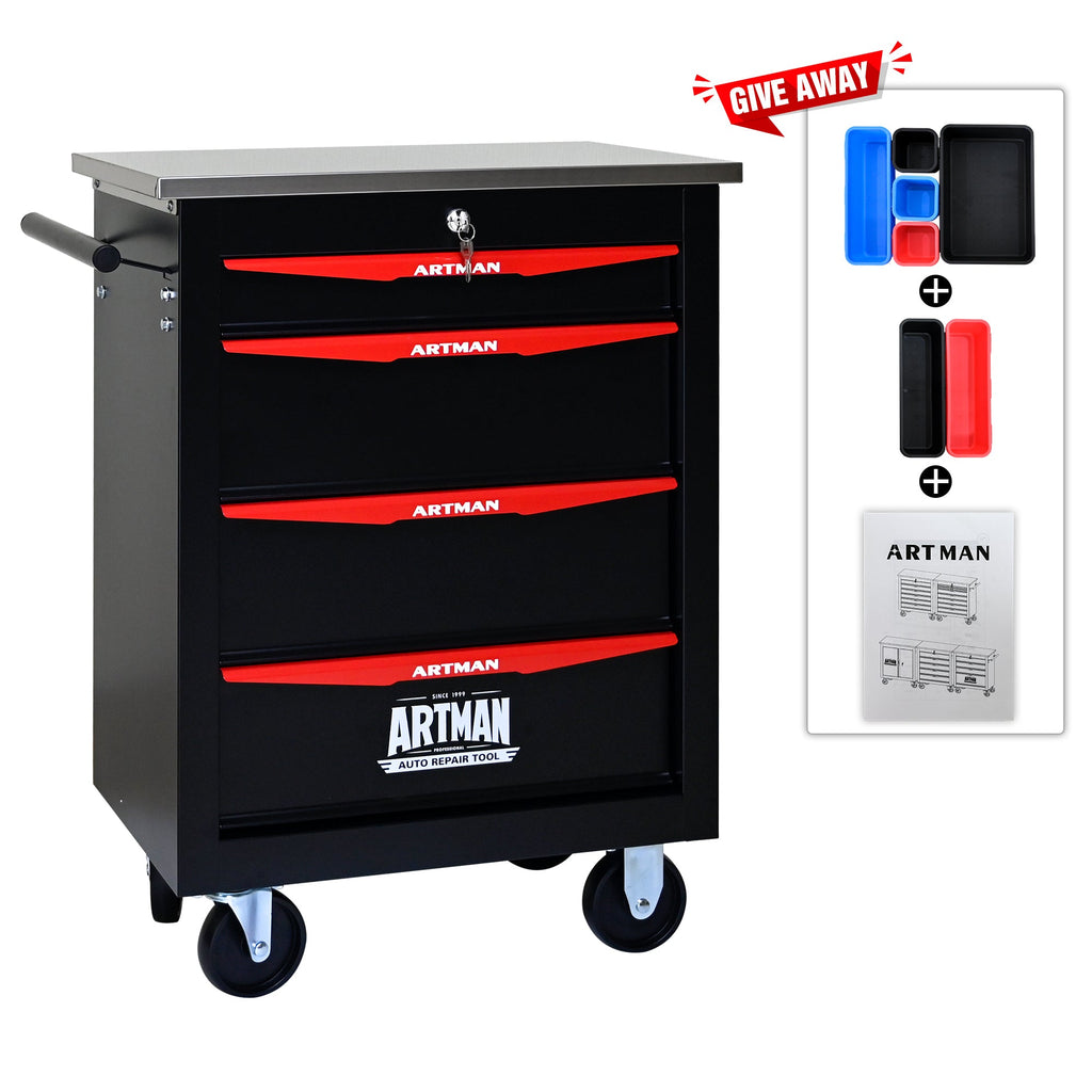 4-Drawer Multifunctional Tool Cart with Wheels, Metal Rolling Tool Cart Storage for Garage Workshop Warehouse Repair Shop - with Stainless Steel Roof - Black & Red