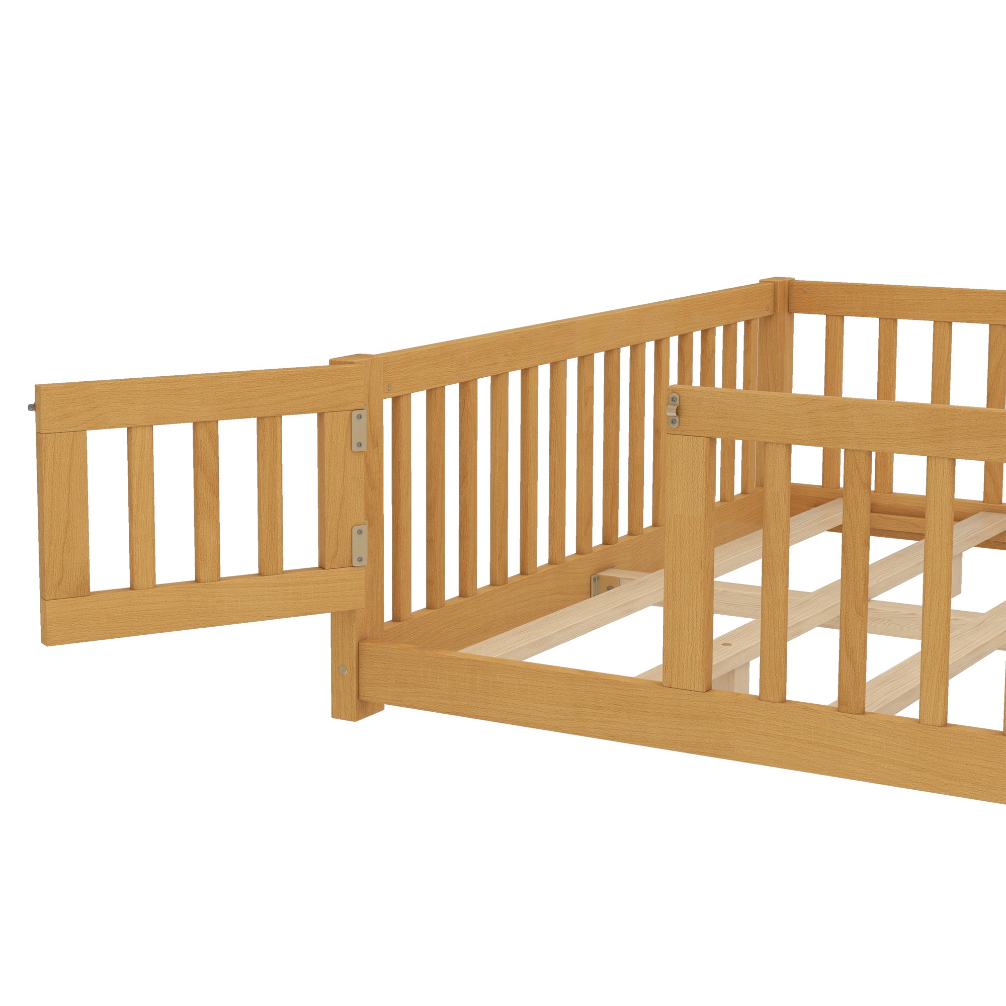 Queen Size Bed Floor Bed with Safety Guardrails and Door for Kids, Natural( Old SKU:W1580P154630)