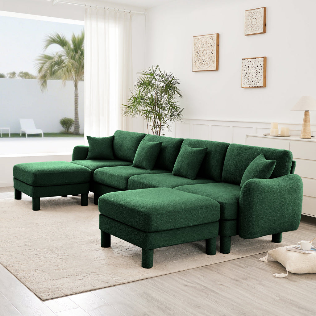 Boucle Fabric U Shape Sectional 4-seater Sofa Couch With Distinctive Shell-shaped Armrests And 2 Movable Ottomans,Cylindrical Legs Wrapped with Self-fabric,Green Color