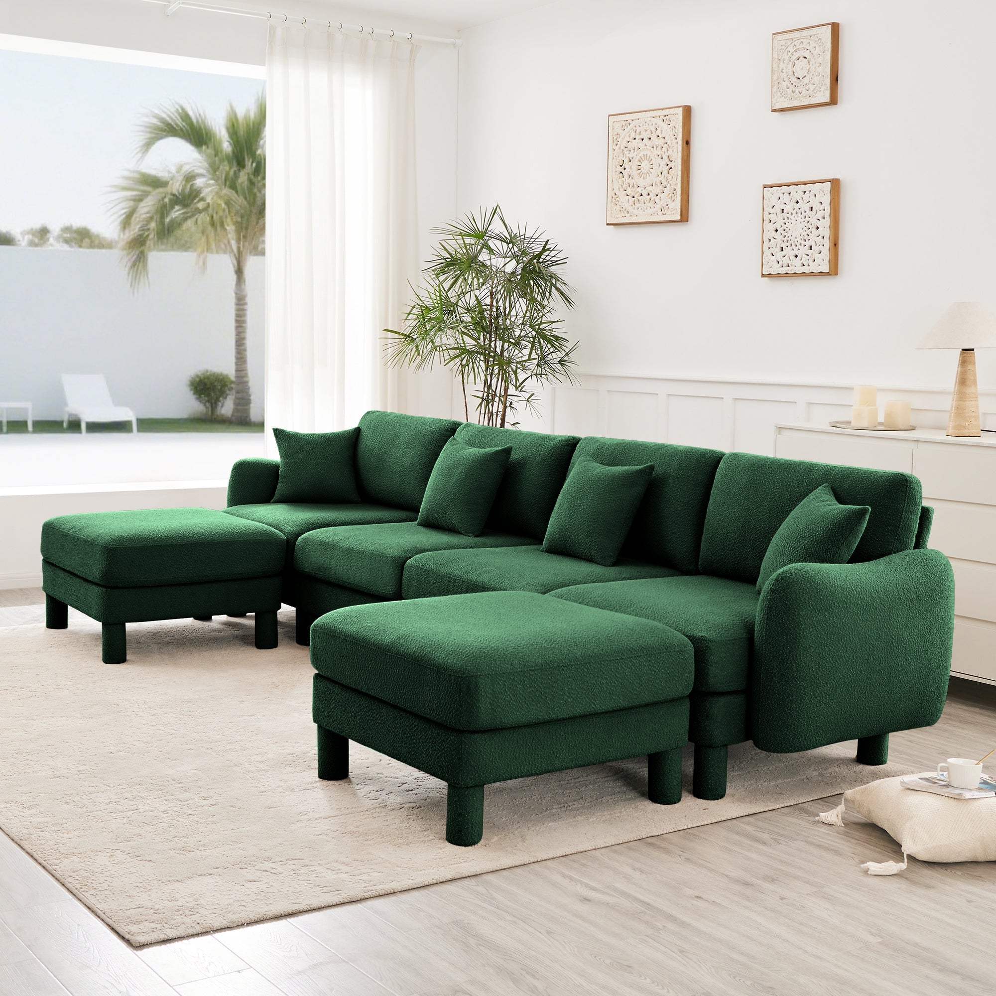 Boucle Fabric U Shape Sectional 4-seater Sofa Couch With Distinctive Shell-shaped Armrests And 2 Movable Ottomans,Cylindrical Legs Wrapped with Self-fabric,Green Color