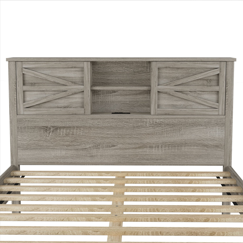 3-Pieces Bedroom Sets Queen Size Farmhouse Platform Bed with Double Sliding Door Storage Headboard and Charging Station, Storage Nightstand and Dresser, Antique Gray(Old SKU HL000092AAG)