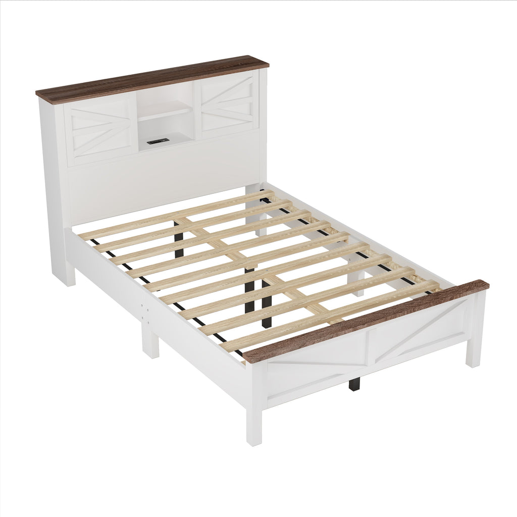 3-Pieces Bedroom Sets Full Size Farmhouse Platform Bed with Double Sliding Door Storage Headboard and Charging Station, Storage Nightstand and Dresser, White+Brown(Old SKU HL000091AAK)