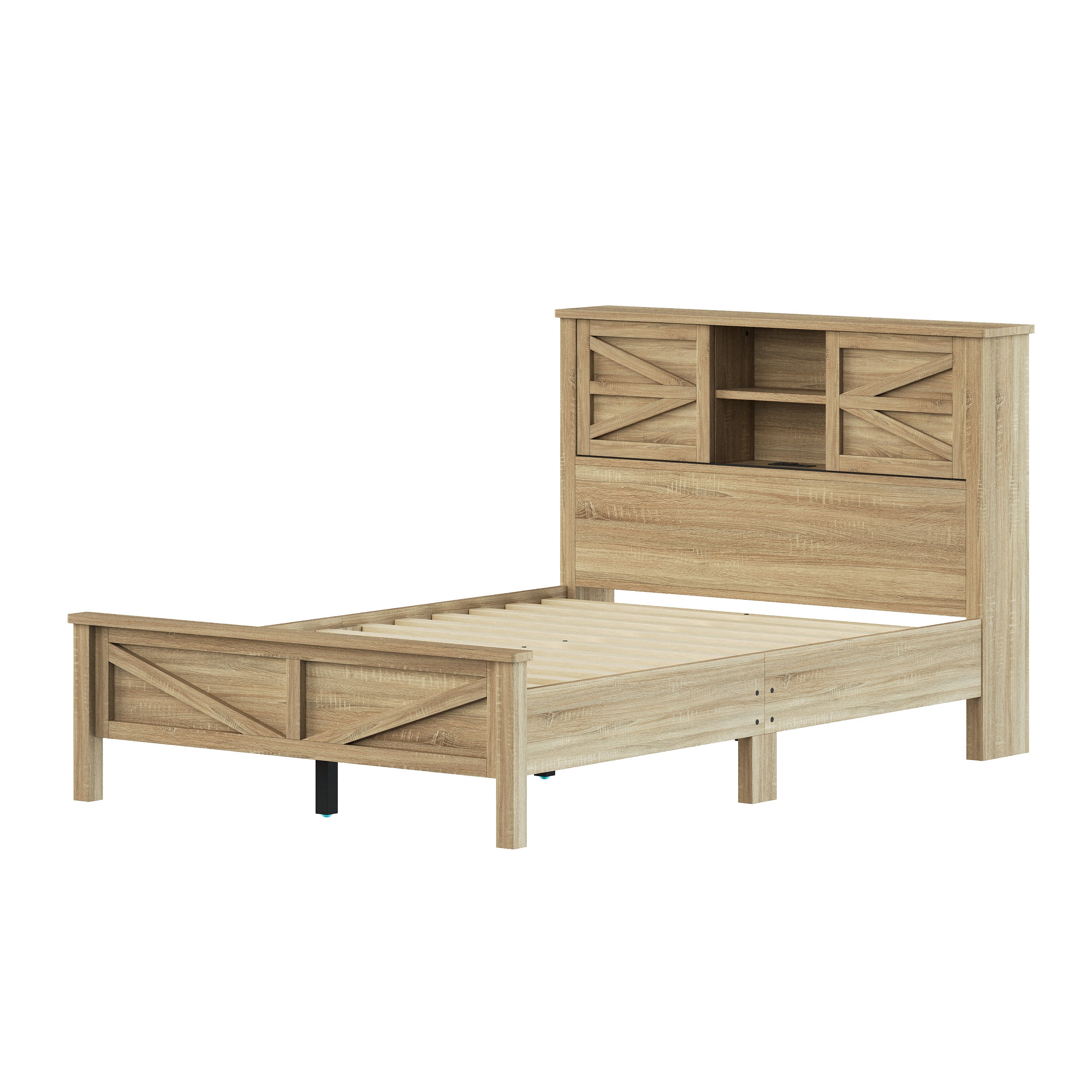 3-Pieces Bedroom Sets Full Size Farmhouse Platform Bed with Double Sliding Door Storage Headboard and Charging Station, Storage Nightstand and Dresser, Natural