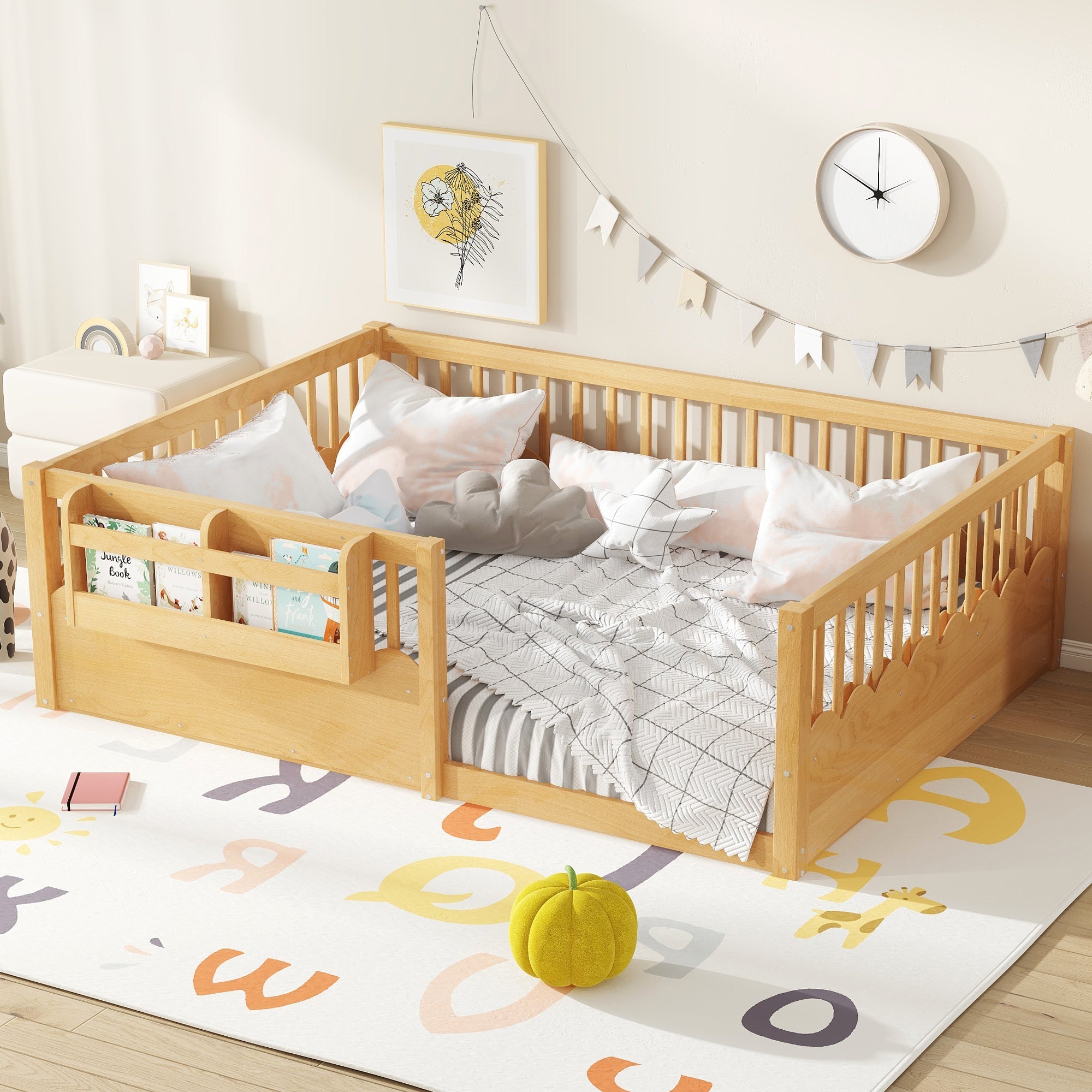 Full Floor bed with Heightened Fence and bookshelf ,Wood Floor Bed for Kids,Natural.