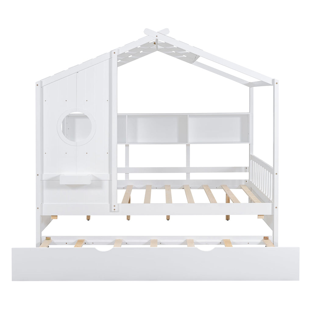 Wooden Full Size House Bed With Trundle, Modern Design for Kids with Storage Shlef, White(old SKU HL000095AAW)