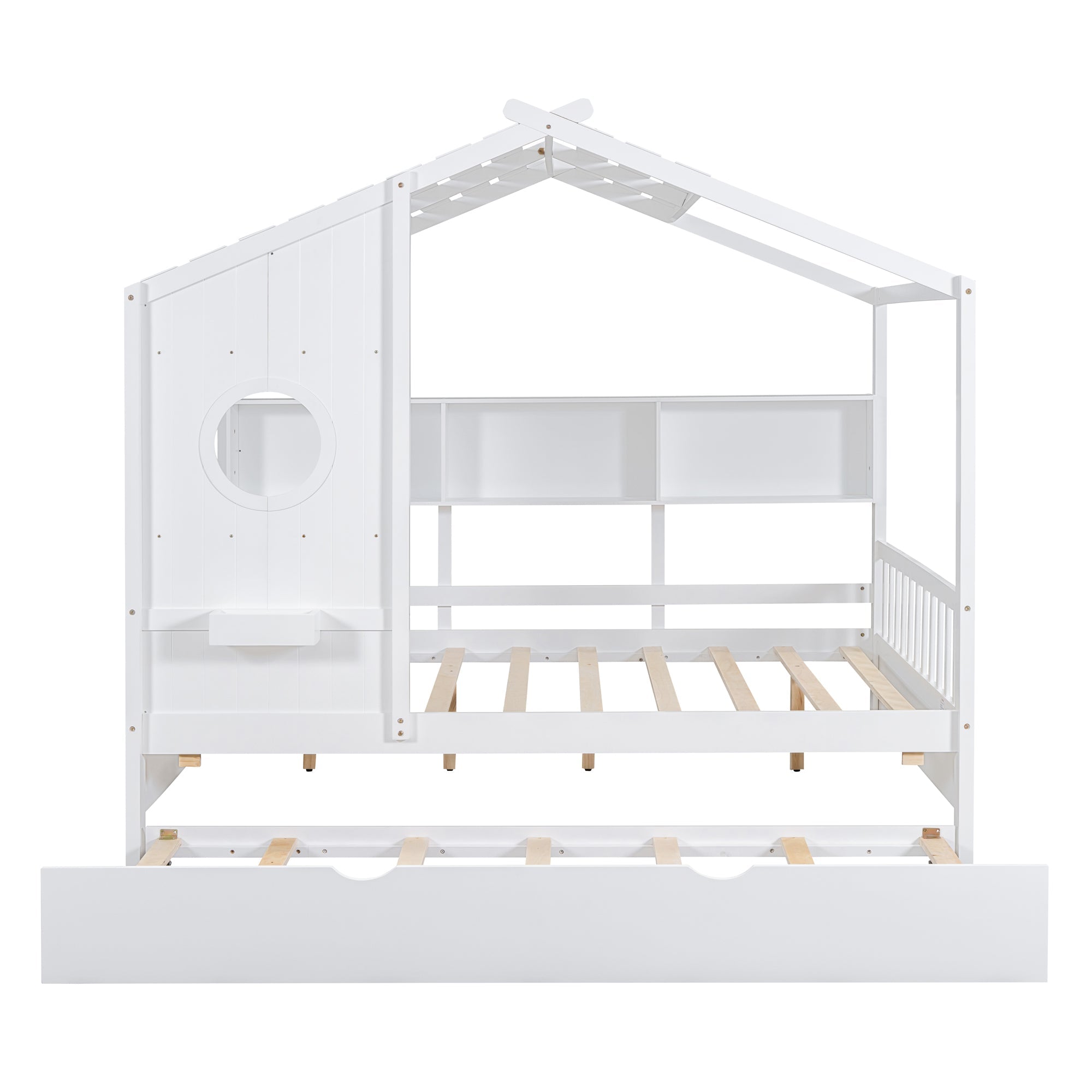 Wooden Full Size House Bed With Trundle, Modern Design for Kids with Storage Shlef, White(old SKU HL000095AAW)