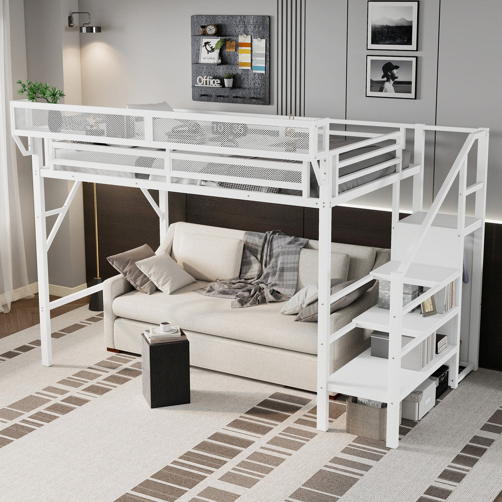 Twin XL Size Loft Bed with Stairs, Metal Full Loft Bed with Storage Shelves, High Loft Bed with Wardrobe for Kids Teens,White(Expect Arrival Date 2025/10/14)