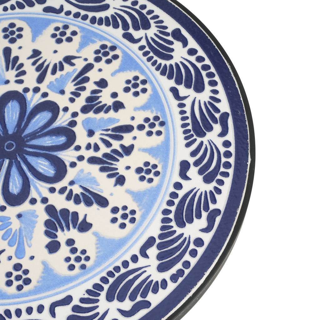French Country Patio Side Table with Vibrant Tile Top, Blue and Black, Ceramic Tile and Iron, 14x14x23.25 Inches