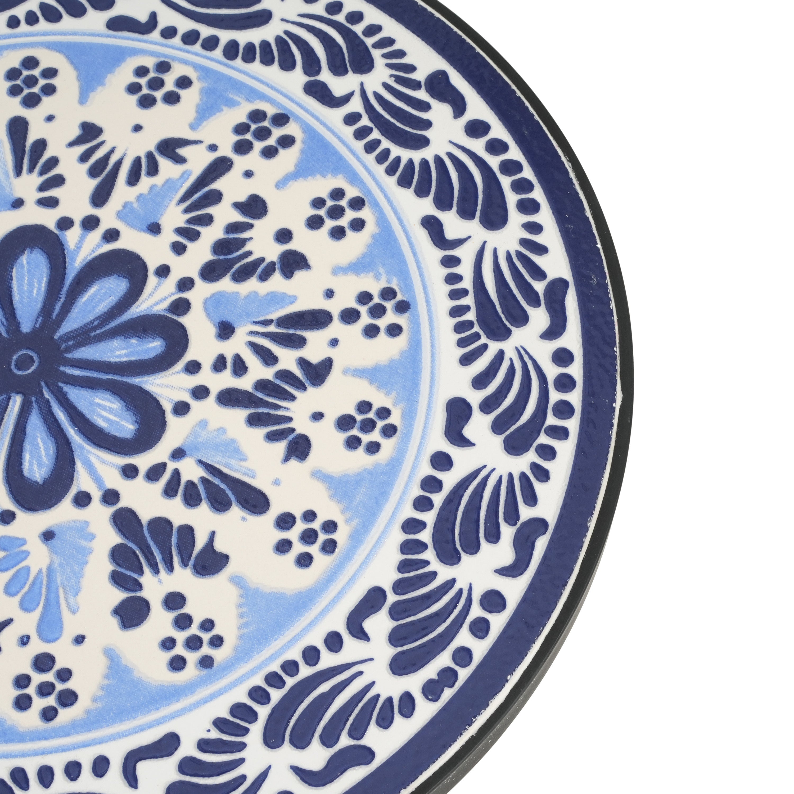 French Country Patio Side Table with Vibrant Tile Top, Blue and Black, Ceramic Tile and Iron, 14x14x23.25 Inches