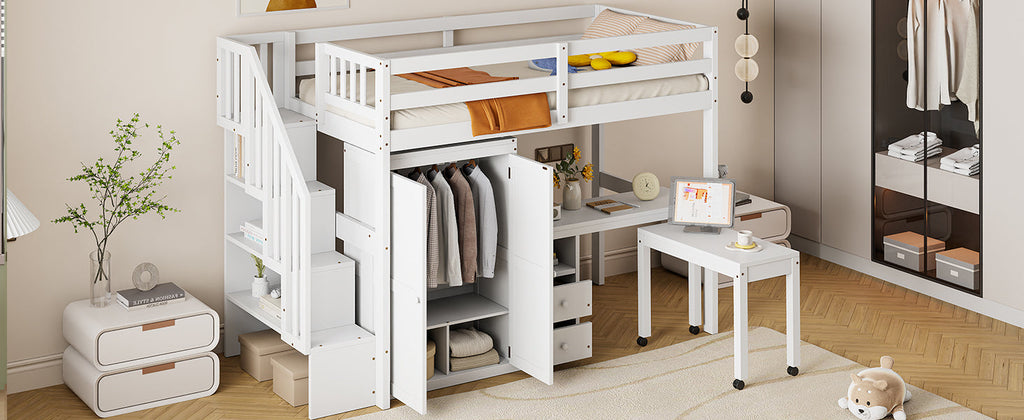 Twin Size Loft Bed with Stairs, Bookshelf, Drawers, Desk & Wardrobe – Space-Saving Multifunctional Furniture for Kids & Teens-White