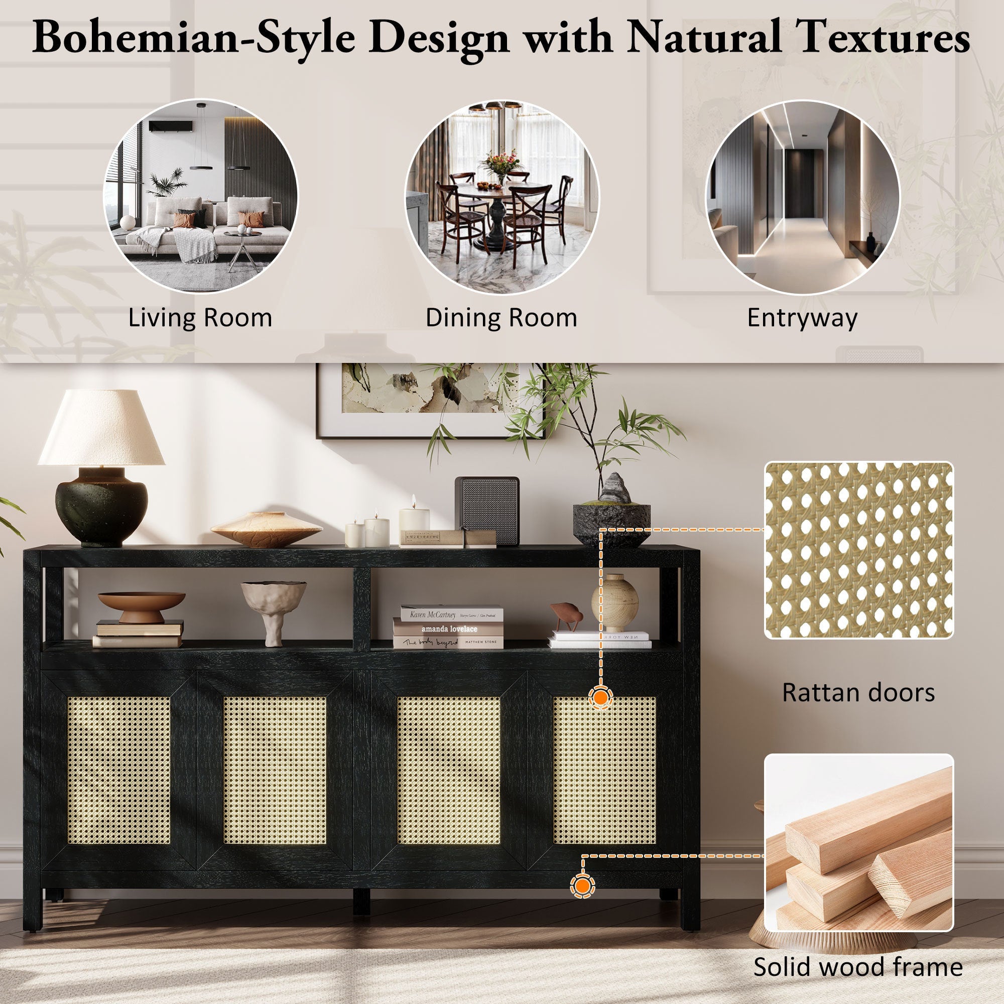 TREXM Bohemian Style Rattan Buffet Storage Cabinet with Solid Wood Frame, Sideboard with 3-position Adjustable Shelves for Living & Dining Rooms, No-Handle Push-to-Open Design (Black)
