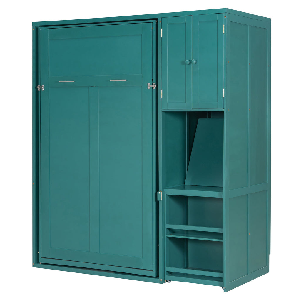 Twin Size Rotating Wall Murphy Beds with Bookshelf, Top Cabinet, Extendable Desk & Side Storage, Teal