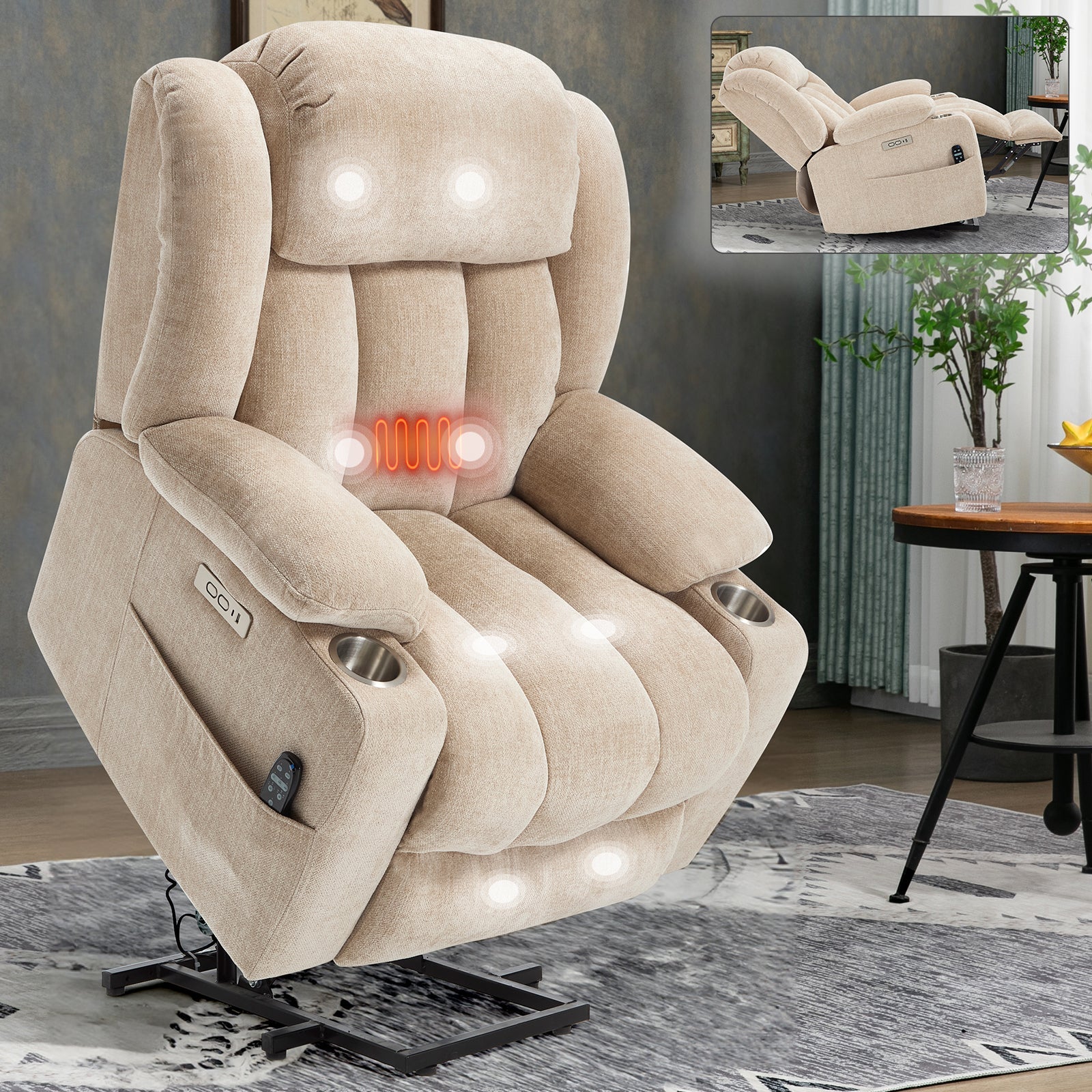 Up to 350 LBS Chenille Power Lift Recliner Chair, Heavy Duty Motion Mechanism with 8-Point Vibration Massage and Lumbar Heating, USB and Type-C Ports, Stainless Steel Cup Holders, Beige
