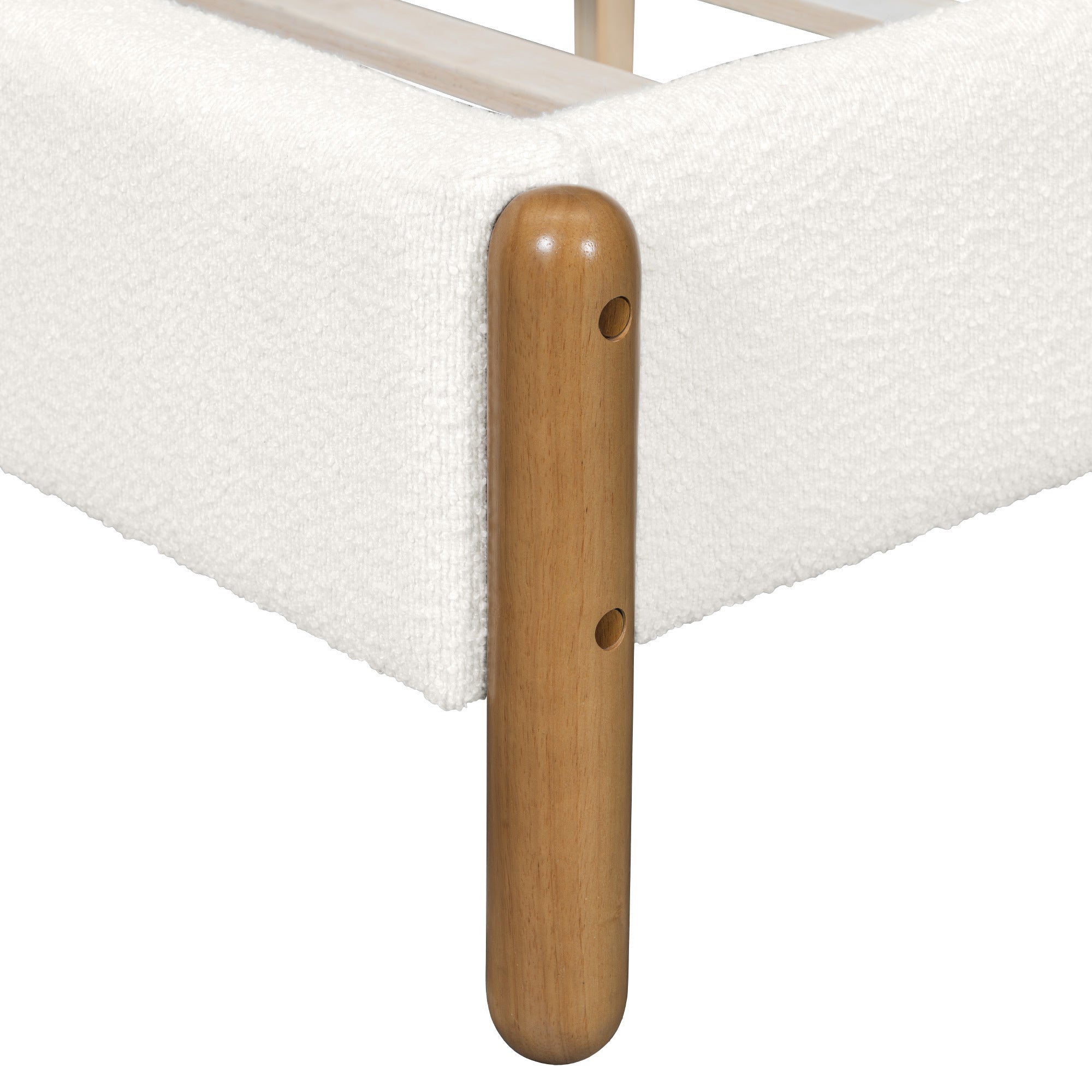 Queen Size Bed Frame with Boucle Upholstered Thick Headboard, Solid Wooden Legs, White