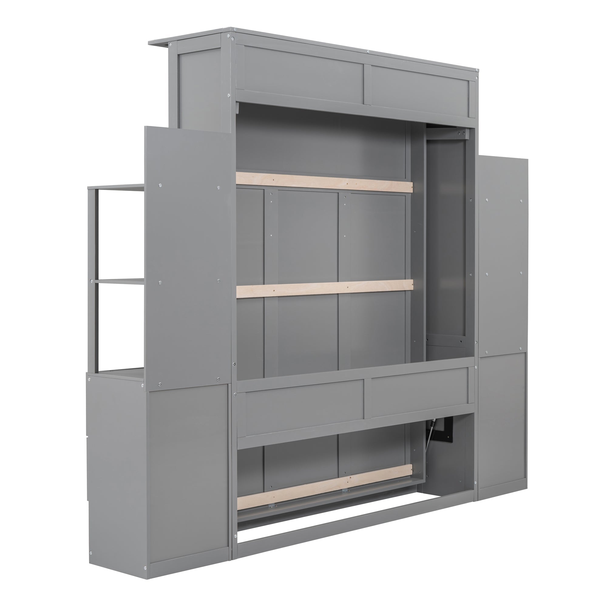 Queen Size Murphy Bed Wall Bed with Shelves, Drawers and Lights,Gray(OLD SKU:LP000566AAE-1)