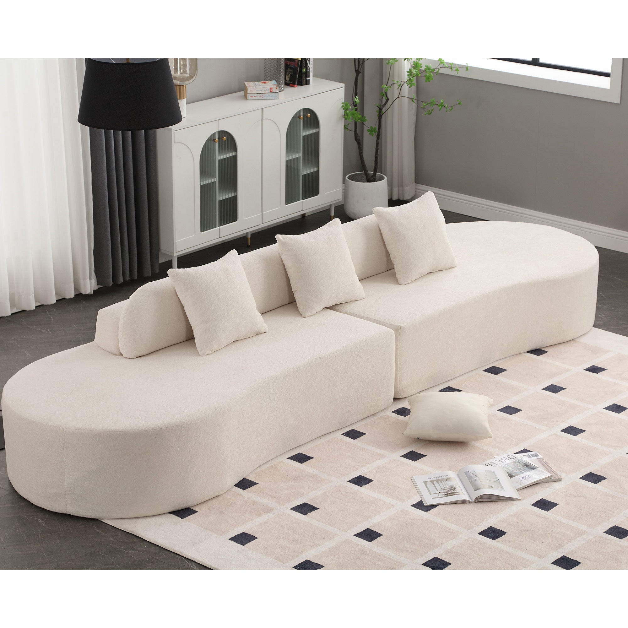 Modern curved combination sofa, terrycloth fabric sofa, minimalist sofa in living room, apartment, no assembly required, three  pillows,Beige