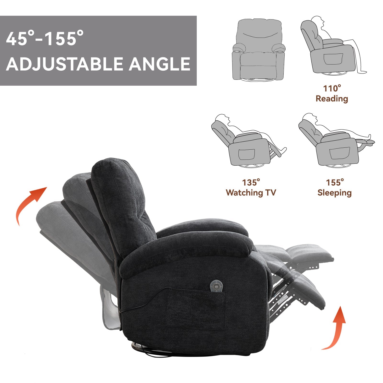 Hot massage manual lounge chair, with rocker arms and rotating fabric, with cup bucket, for living room, black