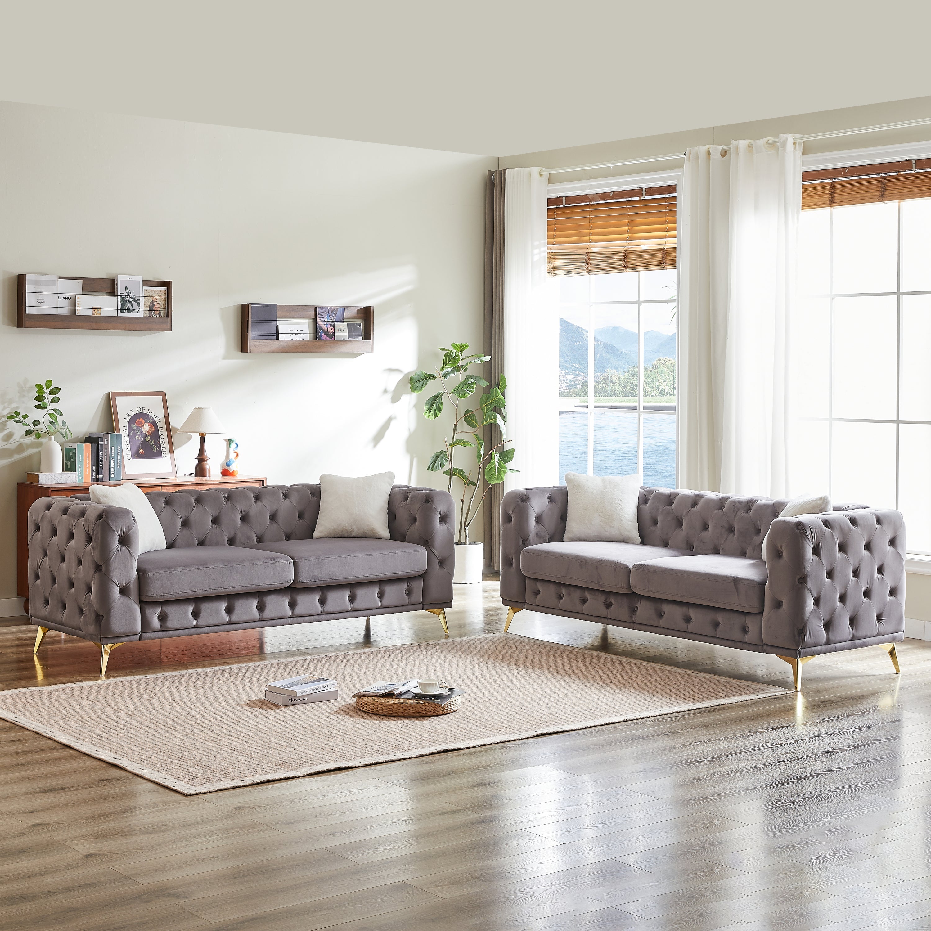FX 3 seater + 3 seater combo sofa Velvet modern living room sofa with solid wood frame and metal feet, 4 cushions, apartment sofa furniture for living room, living room, office