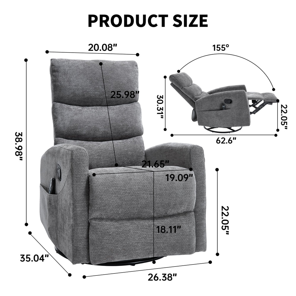 Heat Massage Manual Recliner Chair with Rocker and Swivel in Fabric for Living Room, GREY
