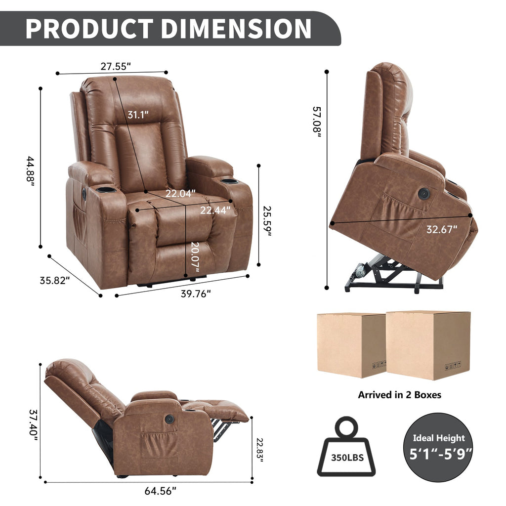 Brown PU Infinite Position Up to 350 LBS Power Lift Recliner Chair for Elderly, Heavy Duty Motion Mechanism with 8-Point Vibration Massage and Lumbar Heating, USB Charging Port, Cup Holders